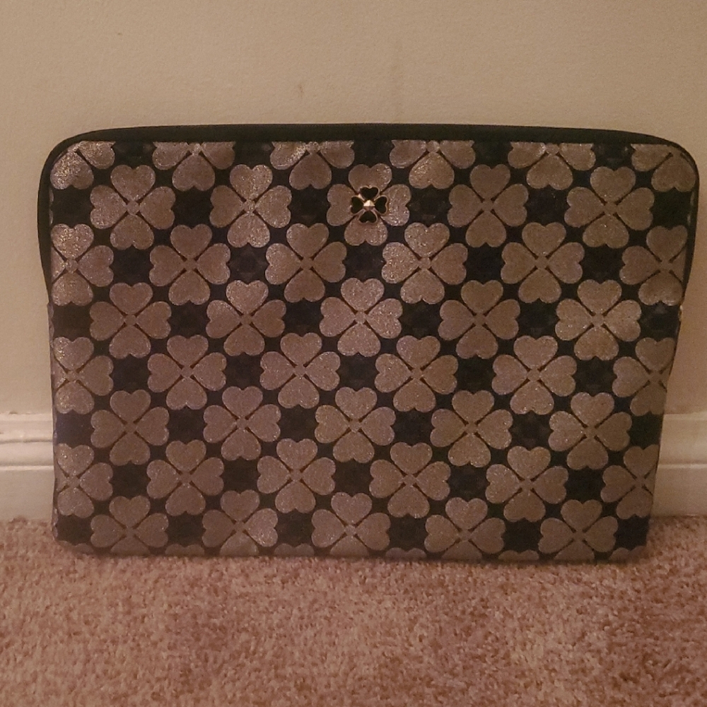 kate spade Black Laptop Sleeve with Metallic Gold Clover Pattern